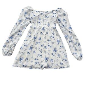 Hollister Corset Mini‎ Dress Womens XS White Blue Floral Smocked Long Sleeve
